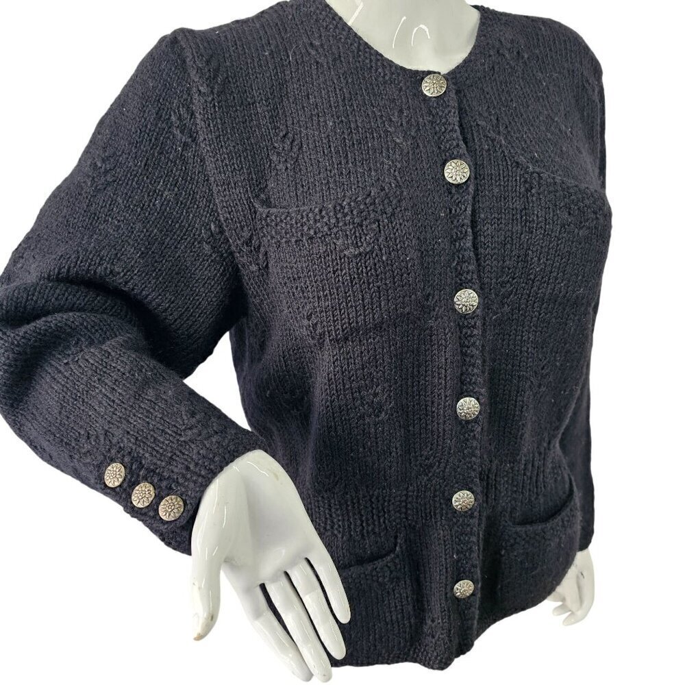 Tricots St Raphael Hand Knit Black Wool Cardigan Womens M Fitted Sweater VTG 80s